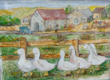 Painting titled "MES OIES DU PERIGORD" by Laurence Mucheron, Original Artwork, Watercolor Mounted on Cardboard