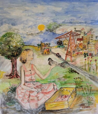 Pintura titulada "la femme et l oiseau" por Laurence Mucheron, Obra de arte original, Acuarela Montado en Cartulina