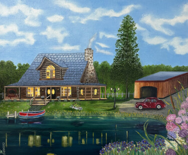 Peinture intitulée "La maison du lac" par Laurence Oeillet, Œuvre d'art originale, Huile