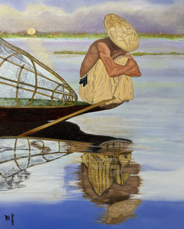 Pittura intitolato "Le pêcheur du lac I…" da Laurence Oeillet, Opera d'arte originale, Olio