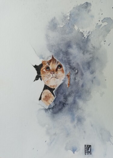 Painting titled "Chat alors !" by Laurence Perreau, Original Artwork, Watercolor