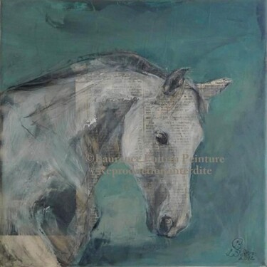 Картина под названием "Portrait cheval gri…" - Laurence Poitrin, Подлинное произведение искусства, Акрил Установлен на Дерев…
