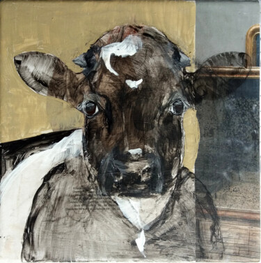 Painting titled "COW 2" by Laurence Poitrin, Original Artwork, Collages Mounted on Wood Stretcher frame