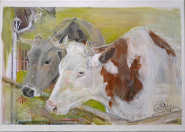 Painting titled "Deux vaches à l'abr…" by Laurence Poitrin, Original Artwork, Collages Mounted on Wood Stretcher frame
