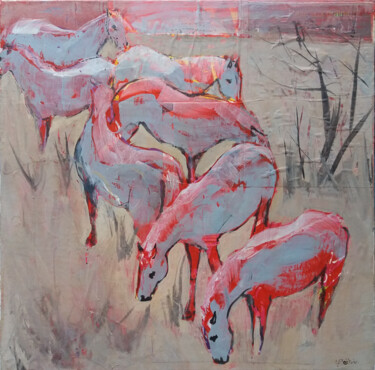 Painting titled "Juments en Camargue" by Laurence Poitrin, Original Artwork, Acrylic Mounted on Wood Stretcher frame