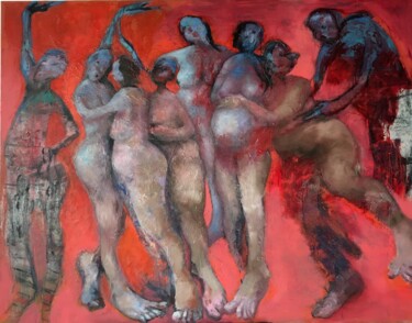 Painting titled "Femmes" by Laurence Pustoc'H, Original Artwork, Oil Mounted on Wood Stretcher frame