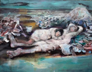 Painting titled "LA SIESTE" by Laurence Pustoc'H, Original Artwork, Oil Mounted on Wood Stretcher frame