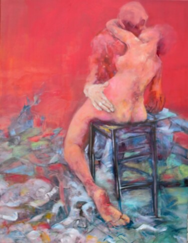 Painting titled "le Baiser" by Laurence Pustoc'H, Original Artwork, Oil Mounted on Wood Stretcher frame