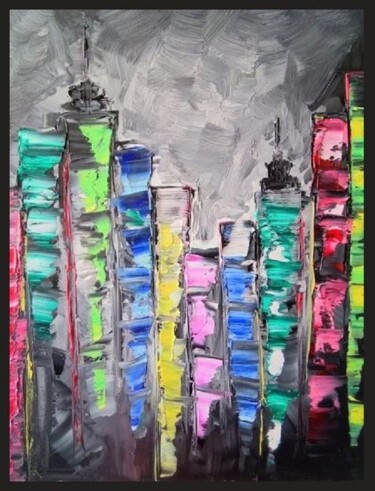 Painting titled "ABSTRACT MANHATTAN…" by Laurence, Original Artwork, Oil Mounted on Wood Stretcher frame