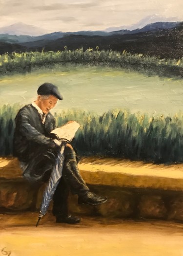 Painting titled "old chinese man rea…" by Laurence Blanchard, Original Artwork, Oil