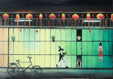 Painting titled "Street art at night…" by Laurence Blanchard, Original Artwork, Oil Mounted on Wood Stretcher frame