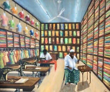 Peinture intitulée "Sari Shop - Owner &…" par Laurence Blanchard, Œuvre d'art originale, Huile Monté sur Châssis en bois