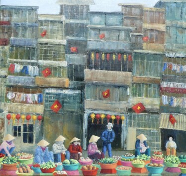 Painting titled "Local Market - Hano…" by Laurence Blanchard, Original Artwork, Oil Mounted on Wood Stretcher frame