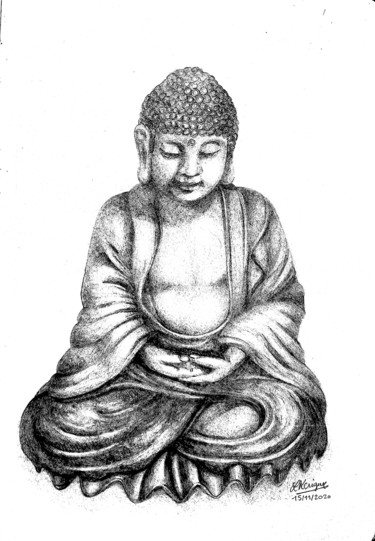 Drawing titled "Bouddha" by Laurence Keriguy, Original Artwork, Pencil