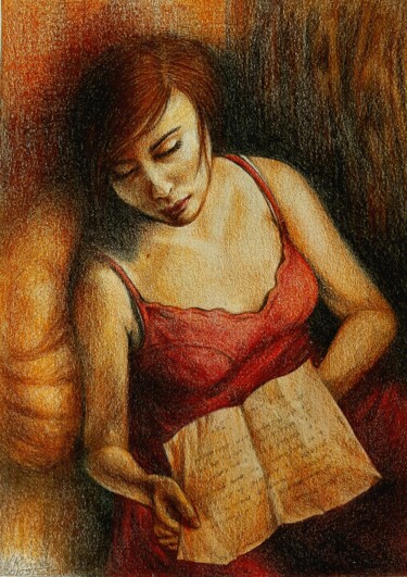 Dessin intitulée "La lettre" par Laurence Keriguy, Œuvre d'art originale, Crayon