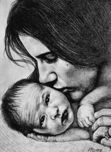 Dessin intitulée "Tendresse maternelle" par Laurence Keriguy, Œuvre d'art originale, Crayon