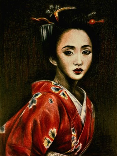 Zeichnungen mit dem Titel "Le kimono rouge" von Laurence Keriguy, Original-Kunstwerk, Bleistift