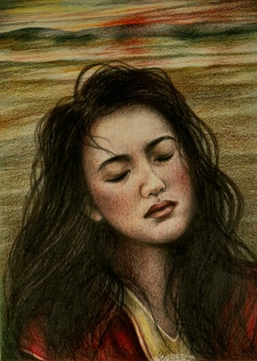 Dessin intitulée "Le vent du soir" par Laurence Keriguy, Œuvre d'art originale, Crayon