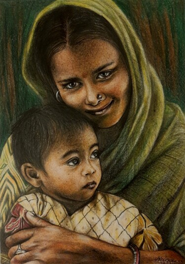 Desenho intitulada "La mère et l'enfant" por Laurence Keriguy, Obras de arte originais, Lápis