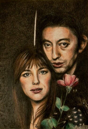 Tekening getiteld "Jane et Serge" door Laurence Keriguy, Origineel Kunstwerk, Potlood