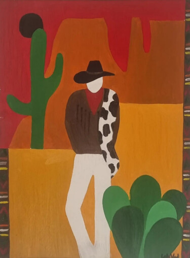Schilderij getiteld "Cowboy" door Laurène Vadé (Lolavad), Origineel Kunstwerk, Olie Gemonteerd op Frame voor houten brancard