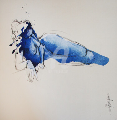 Disegno intitolato "Carton d'étude bleu" da Laurent Bergues, Opera d'arte originale, Grafite