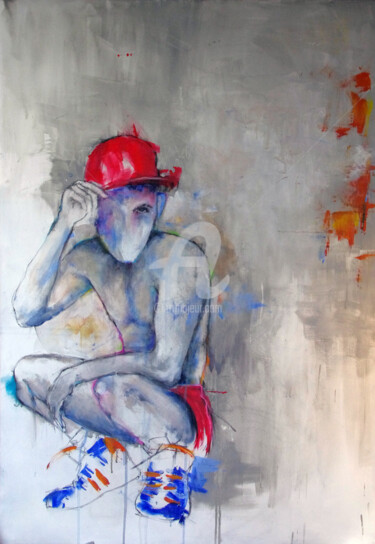 Painting titled ""Casquette rouge"" by Laurent Bergues, Original Artwork, Acrylic Mounted on Wood Stretcher frame