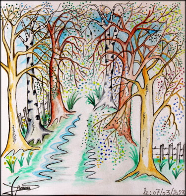 Painting titled "SENTIER FORESTIER" by Laurent Boron, Original Artwork, Watercolor