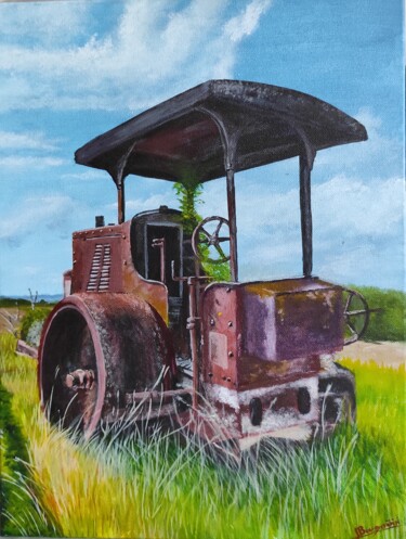 Niveleuse abandonnée Face arrière Peinture intitulée "Niveleuse abandonné…" par Laurent Bougouin, Œuvre d'art originale, Acrylique