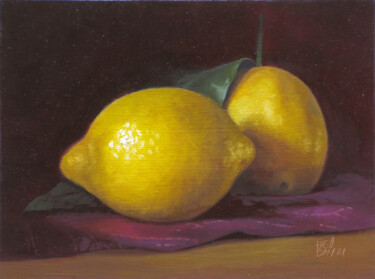 Painting titled "Citrons sur nappe /…" by Laurent Bussiere (hellbay), Original Artwork, Oil