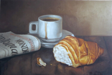 Painting titled "Café croissant" by Laurent Bussiere (hellbay), Original Artwork, Oil