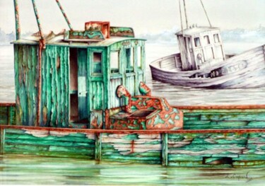 Painting titled "bateau vert" by Laurent Coquard, Original Artwork