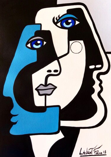 Malerei mit dem Titel "Portrait bleu." von Laurent Folco, Original-Kunstwerk, Acryl