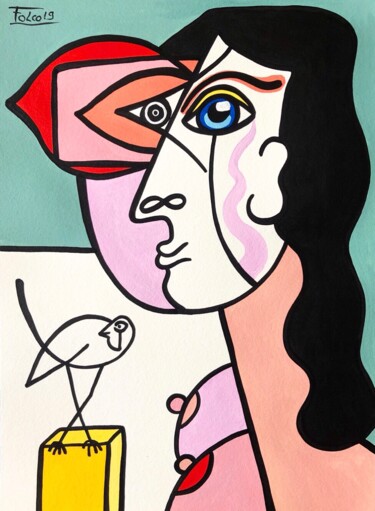 Painting titled "Femme et L’oiseau." by Laurent Folco, Original Artwork, Acrylic