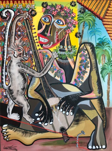Peinture intitulée "La joueuse de Kora." par Laurent Folco, Œuvre d'art originale, Acrylique Monté sur Châssis en bois