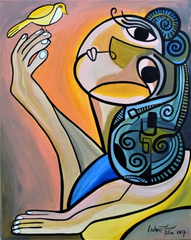 Malerei mit dem Titel "La femme et l'oiseau" von Laurent Folco, Original-Kunstwerk, Acryl