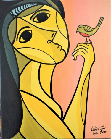 Painting titled "La femme et l'oiseau" by Laurent Folco, Original Artwork, Acrylic