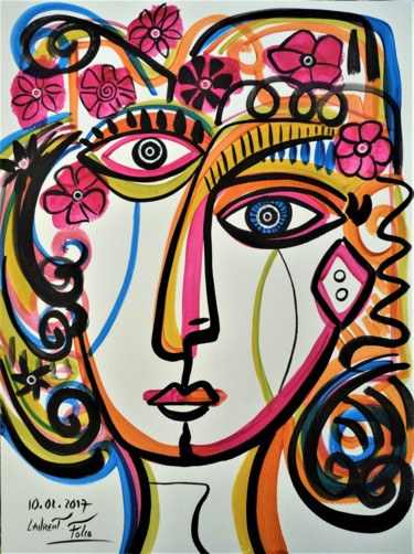 portrait féminin cubiste Peinture intitulée "portrait féminin cu…" par Laurent Folco, Œuvre d'art originale, Acrylique