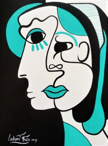 Portrait féminin turquoise. Peinture intitulée "Portrait féminin tu…" par Laurent Folco, Œuvre d'art originale, Acrylique