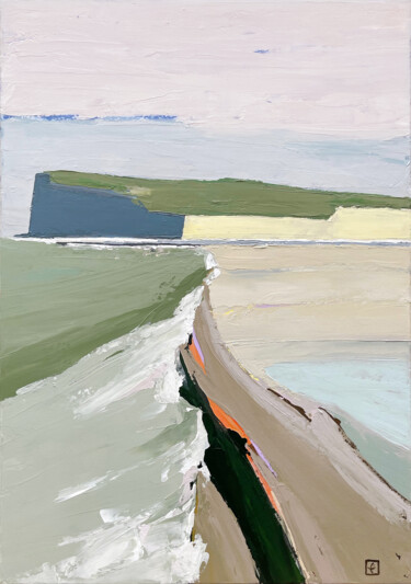 Malerei mit dem Titel "Falaises et plage d…" von Laurent Gilbert, Original-Kunstwerk, Acryl