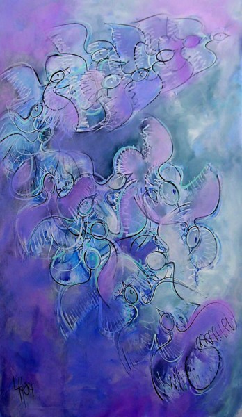 Ζωγραφική με τίτλο "oiseaux bleus" από Laurent Hunzinger, Αυθεντικά έργα τέχνης, Ακρυλικό