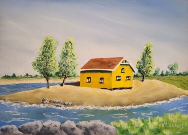 Dessin intitulée "La maison sur l’ile" par Laurent Lambert, Œuvre d'art originale, Pastel