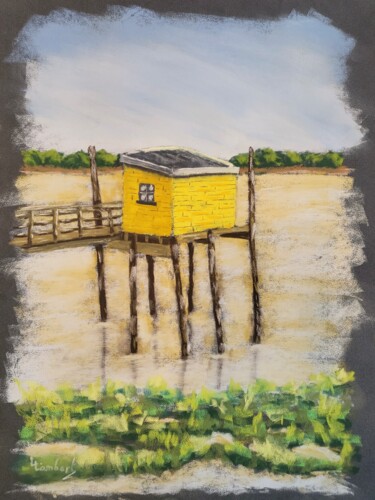 Zeichnungen mit dem Titel "La cabane de pêche" von Laurent Lambert, Original-Kunstwerk, Pastell