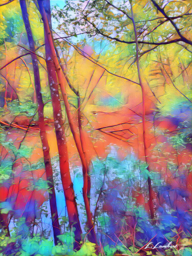 Arts numériques intitulée "L’étang à l’arbre m…" par Laurent Lambert, Œuvre d'art originale, Peinture numérique