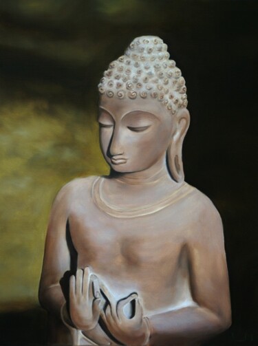 Painting titled "Pose du Bouddha" by Laurent Maameri, Original Artwork, Oil Mounted on Wood Stretcher frame