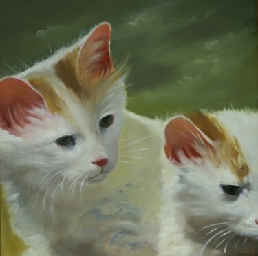 Painting titled "Les deux chatons" by Laurent Maameri, Original Artwork, Oil Mounted on Wood Stretcher frame