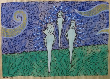 Dessin intitulée "Fées grises sur cie…" par Laurent Mangepapier, Œuvre d'art originale, Aquarelle