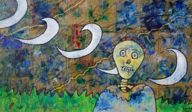 Peinture intitulée "Crâne aux lunes" par Laurent Mangepapier, Œuvre d'art originale, Huile