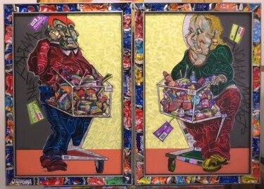 Pintura intitulada "Market-Man & Market…" por Laurent Messager, Obras de arte originais, Óleo Montado em Outro painel rígido