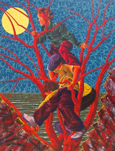Painting titled "L'arbre" by Laurent Messager, Original Artwork, Oil Mounted on Wood Stretcher frame